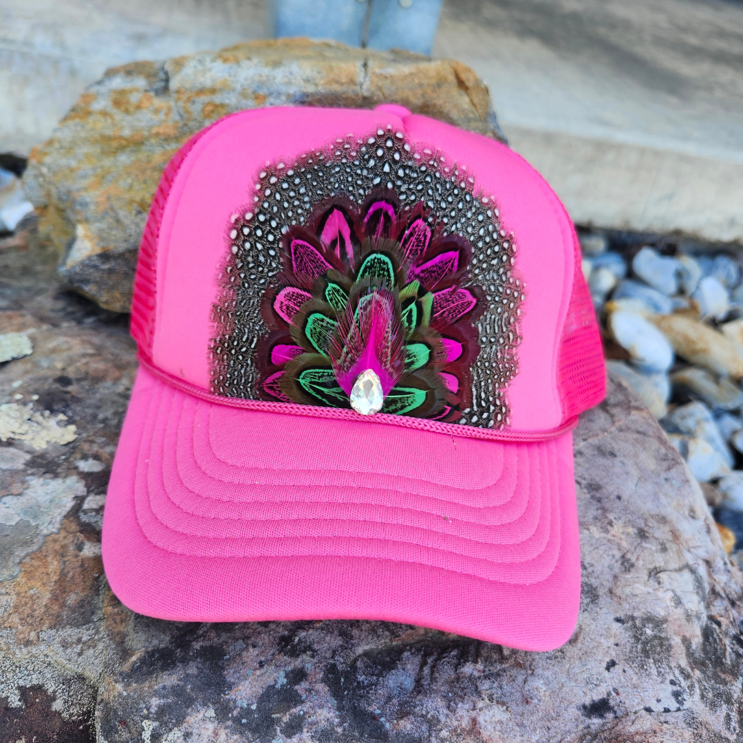 Hot Pink Feather Trucker Hat Feather Crown Hat