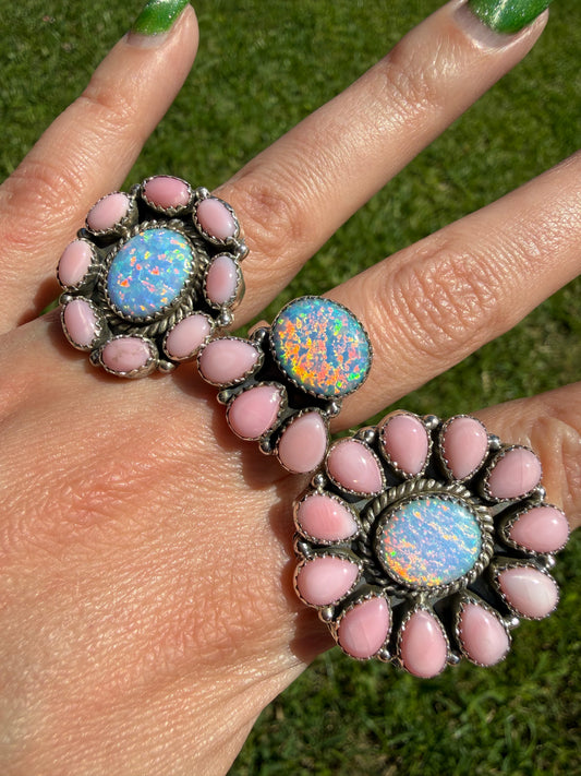 Pink Conch and Balloon Opal Sterling Silver Adjustable Rings