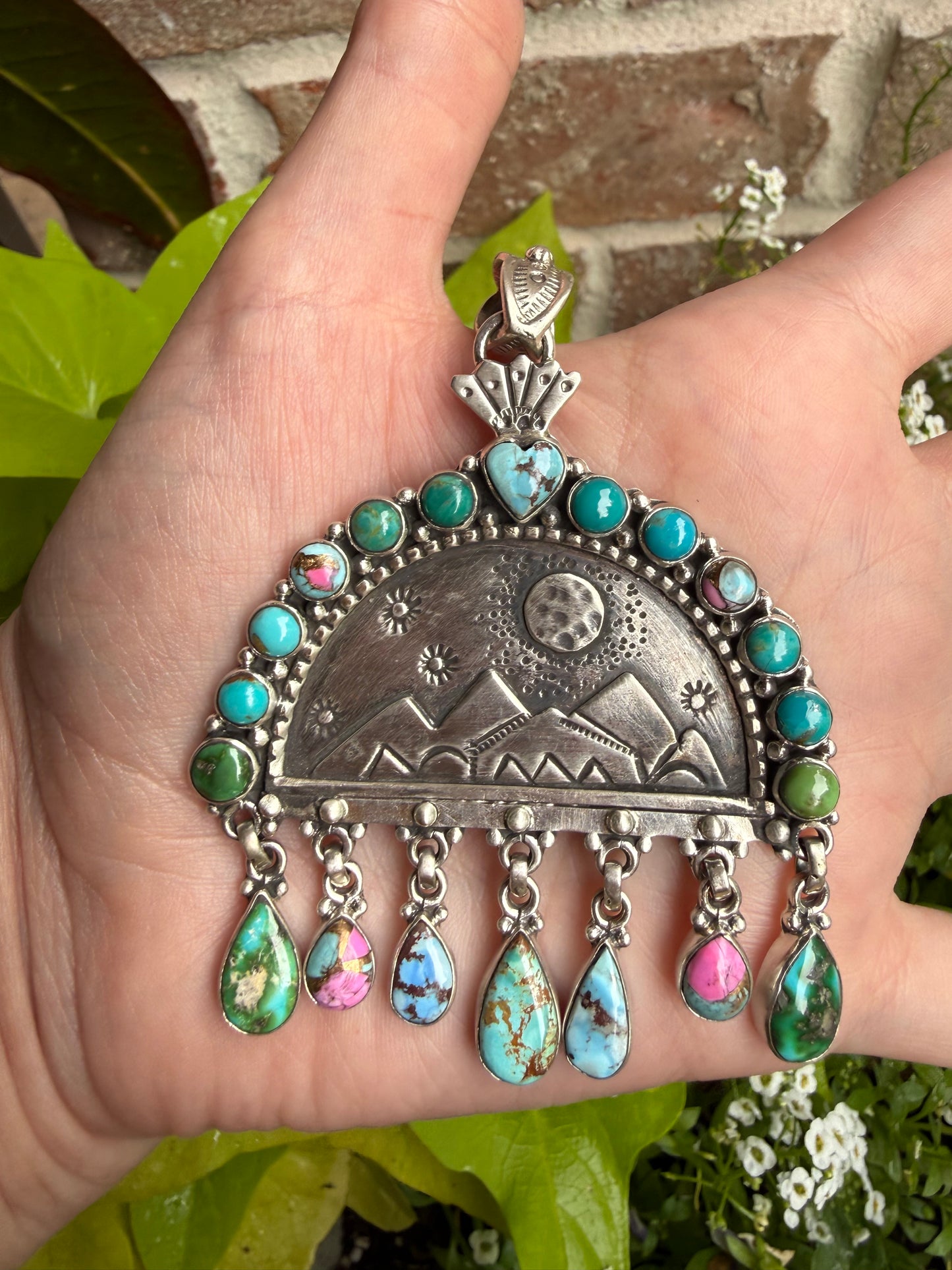 Mixed Turquoise Storyteller Landscape Moon and Mountain Scene Sterling Silver Statement Pendant