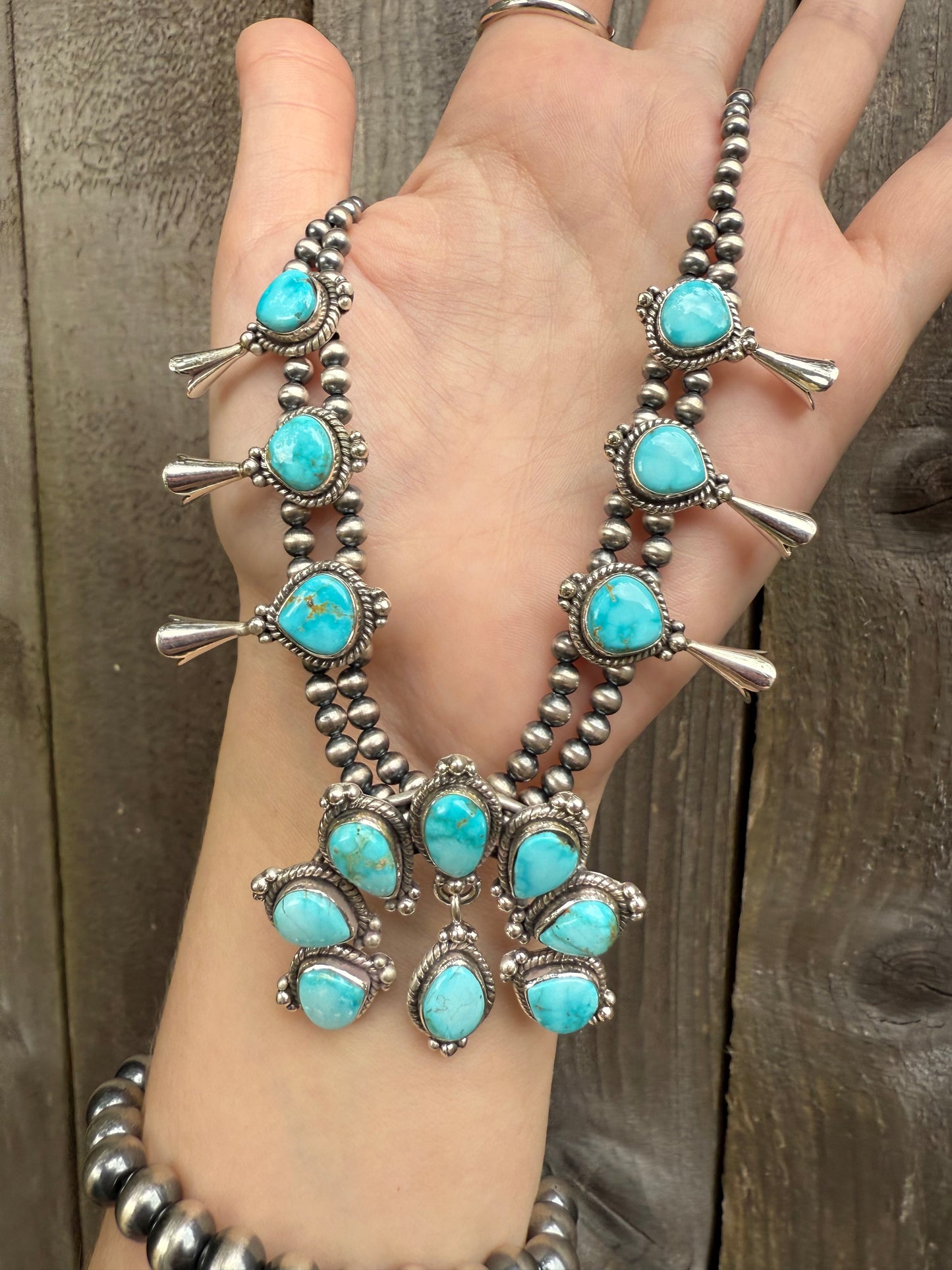 Squash Blossom Premium Turquoise Sterling Silver Desert Pearl Necklace