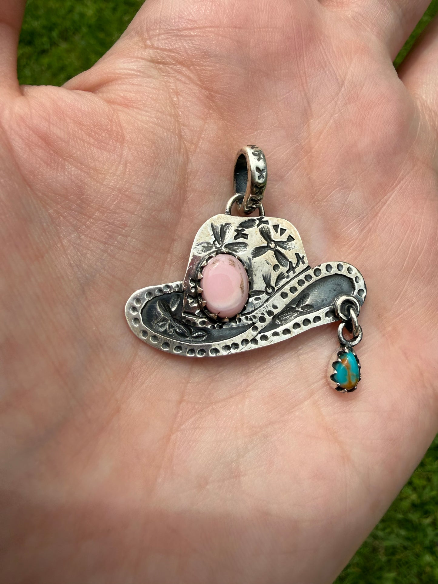 Pink Conch and Turquoise Sterling Silver Cowboy Hat Pendant