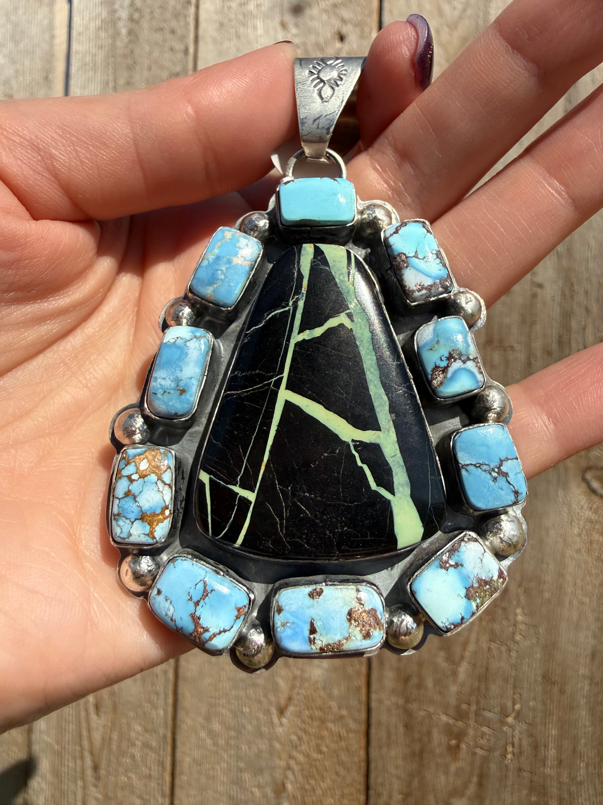Navajo Blackjack and Golden Hills Big Cluster Sterling Silver Pendant