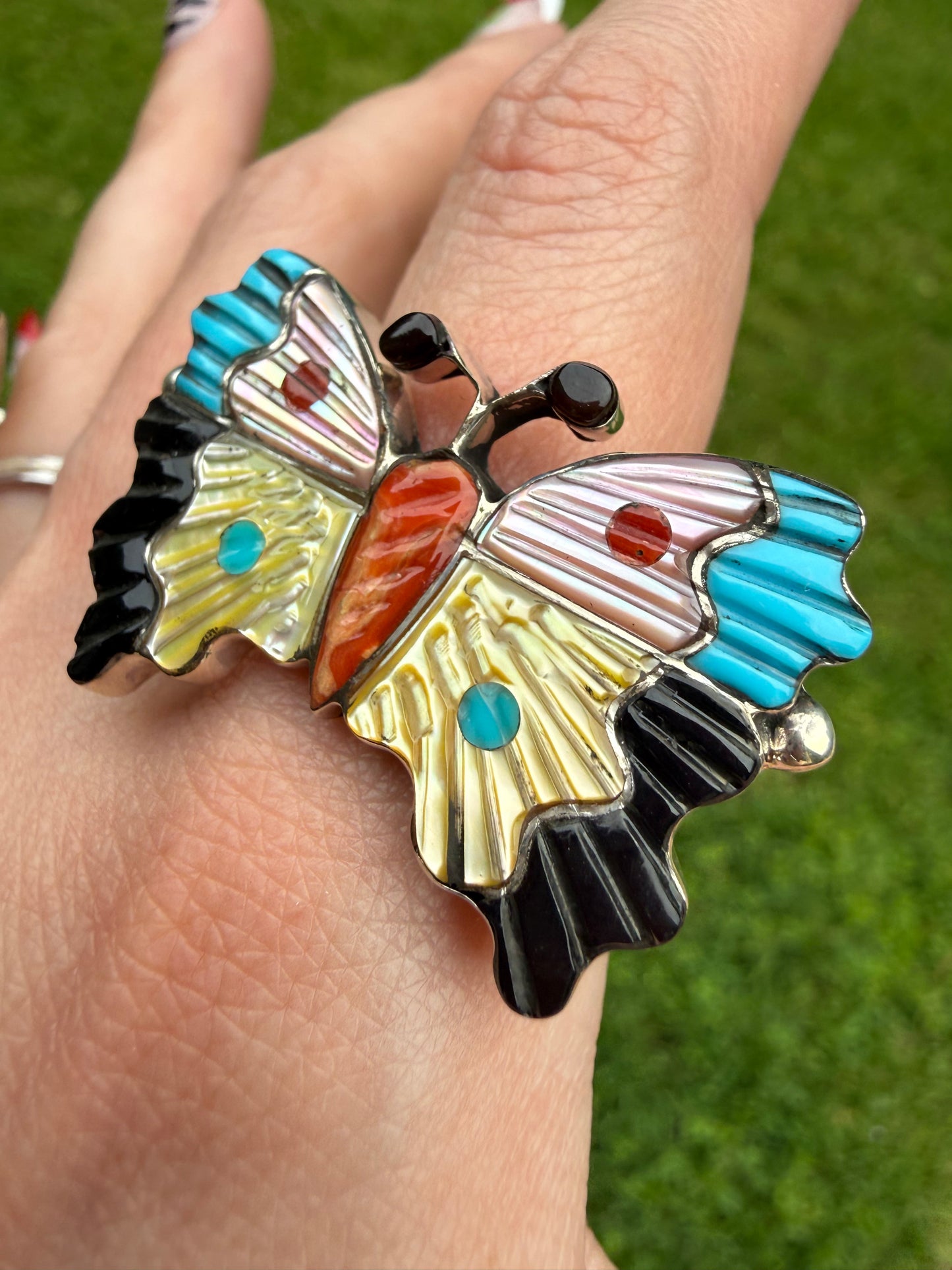 Zuni Butterfly Inlay Sterling Silver Multi Stone Ring