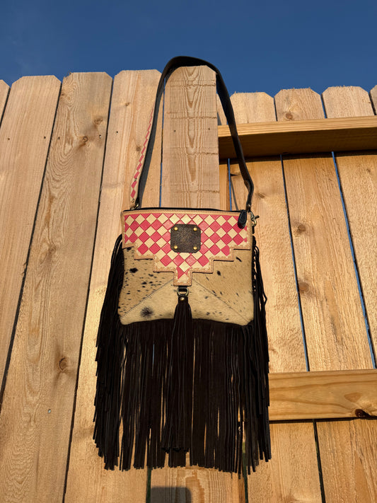 Upcycled LV Cowhide Leather Pink White Checkered Crossbody 