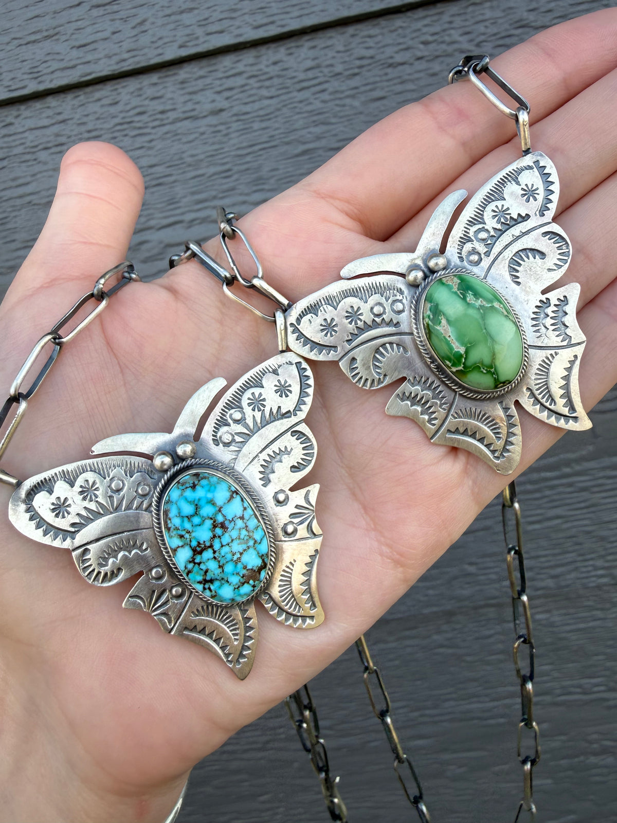 Navajo Sonoran Gold or Webbed Kingman Turquoise Butterfly Sterling Silver Necklace