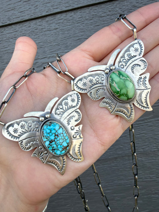 Navajo Sonoran Gold or Webbed Kingman Turquoise Butterfly Sterling Silver Necklace