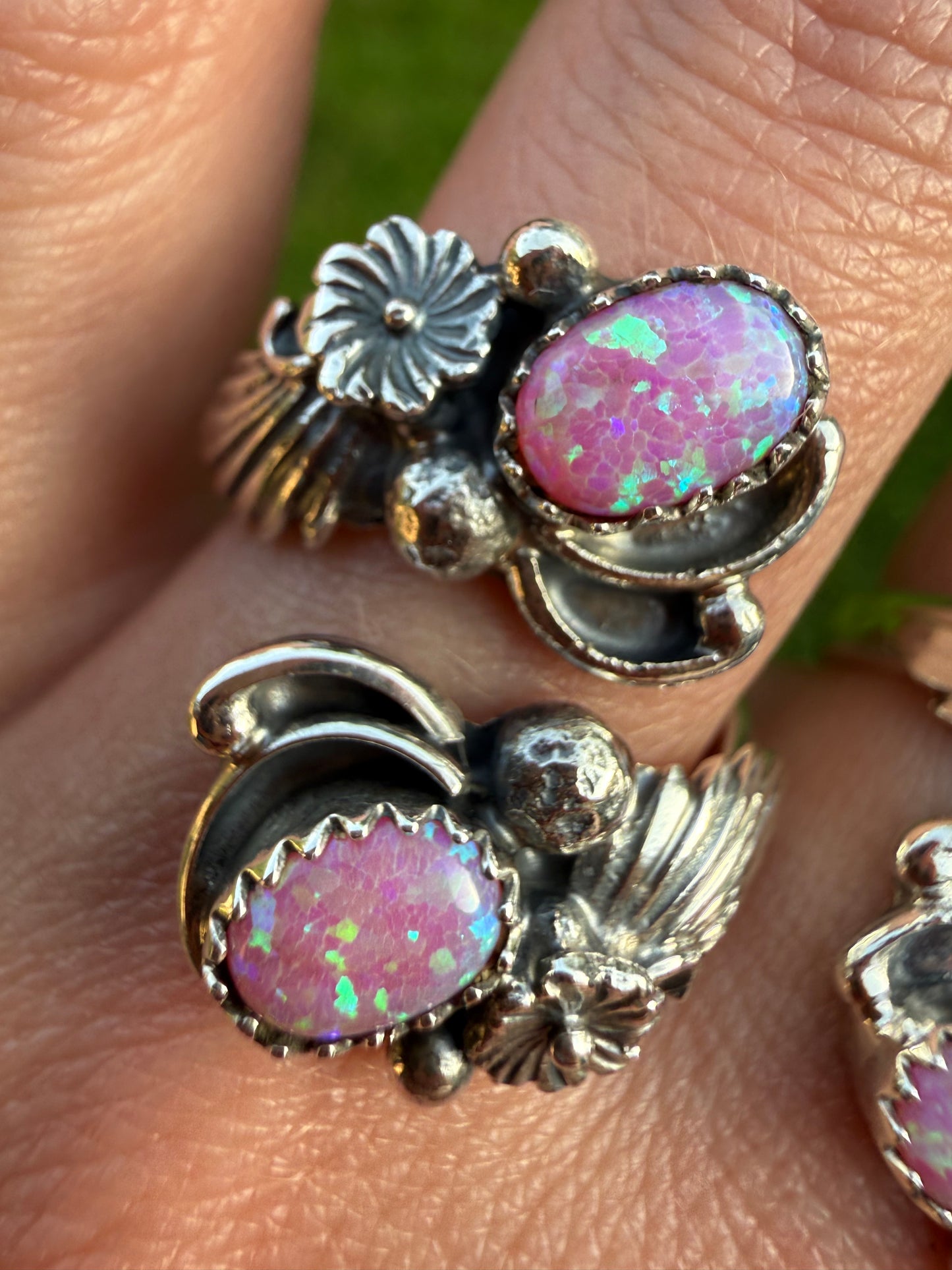Navajo Pink Balloon Opal Double Stone Flower Accent Sterling Silver Floater Ring
