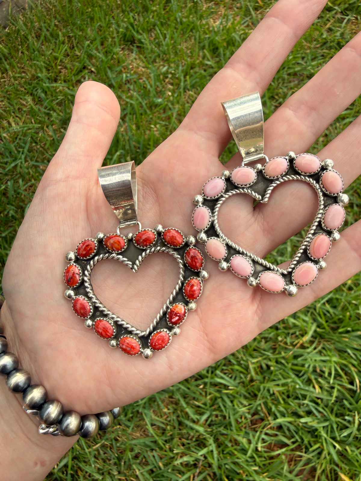 Navajo Pink Conch or Red Spiny Outline Heart Sterling Silver Pendant
