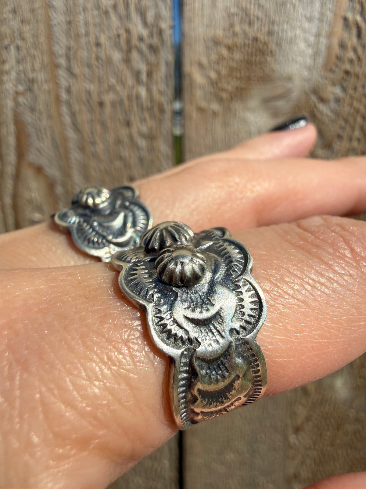 Navajo All Silver Cigar Band Sterling Silver Peyote Button Ring