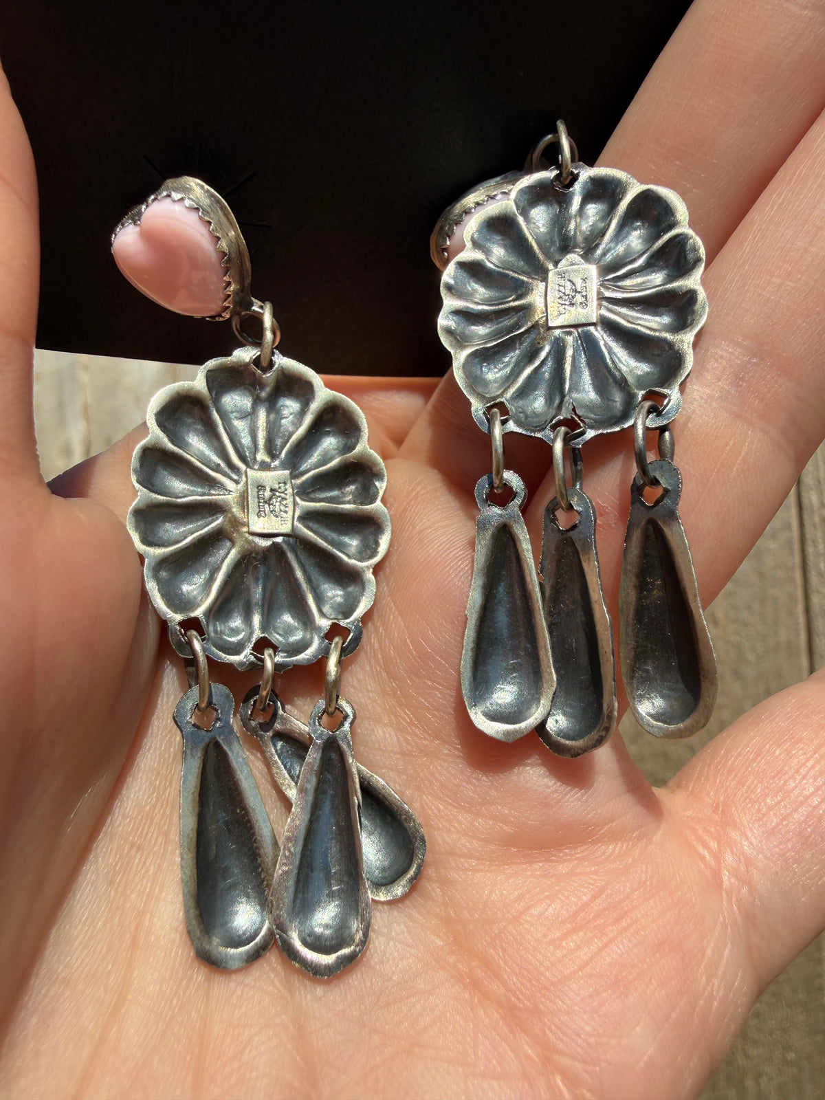 Navajo Heart Pink Conch Sterling Silver Concho Triple Dangle Earrings
