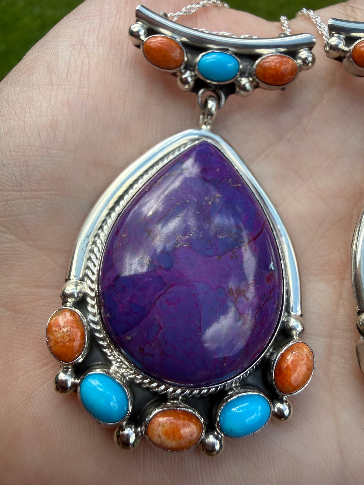 Navajo Purple Mojave Orange Mojave and Turquoise Tear Drop Sterling Silver Necklace