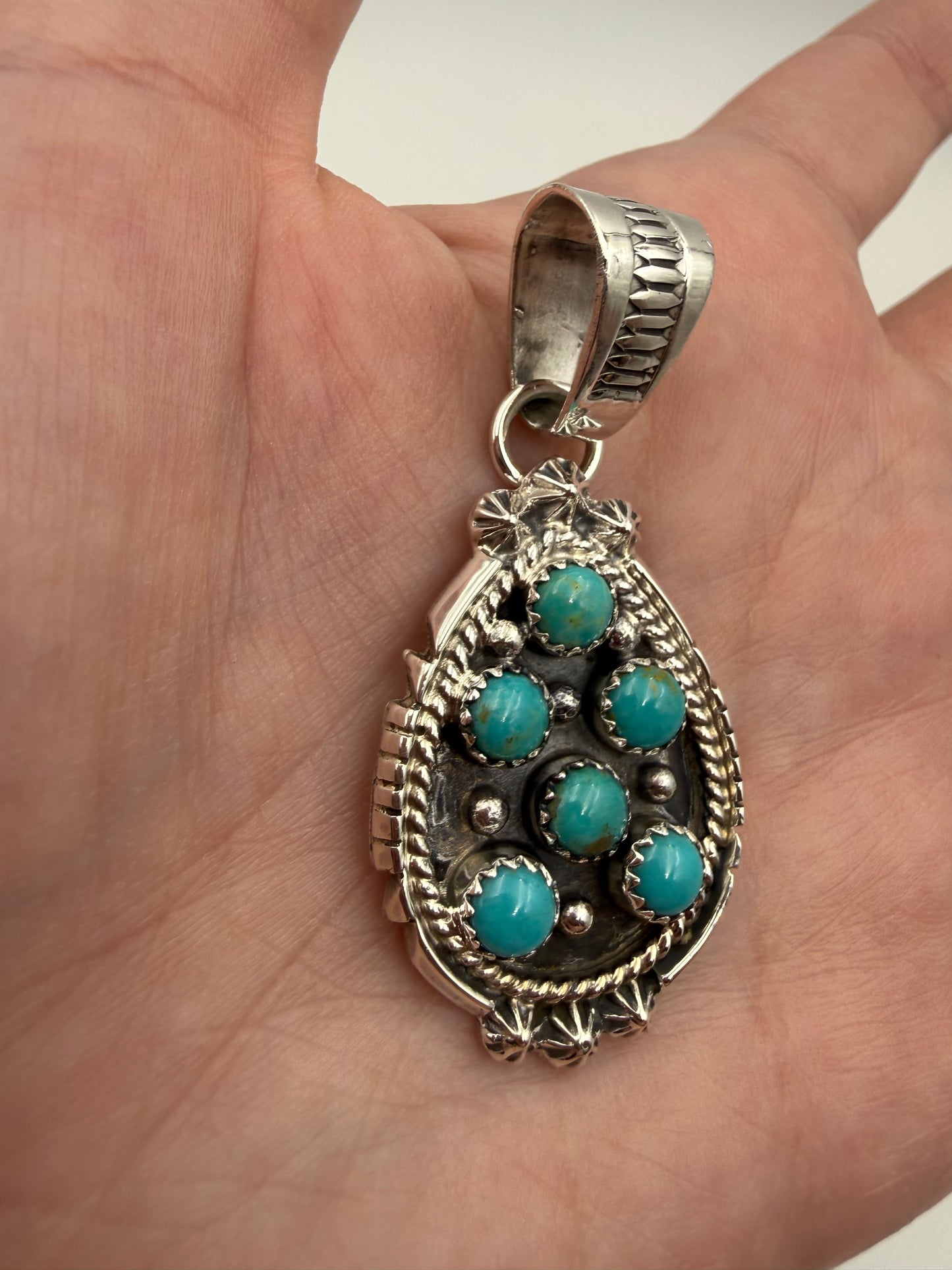 Native Turquoise Tear Drop Cluster Sterling Silver Pendant by Kenny Lonjose