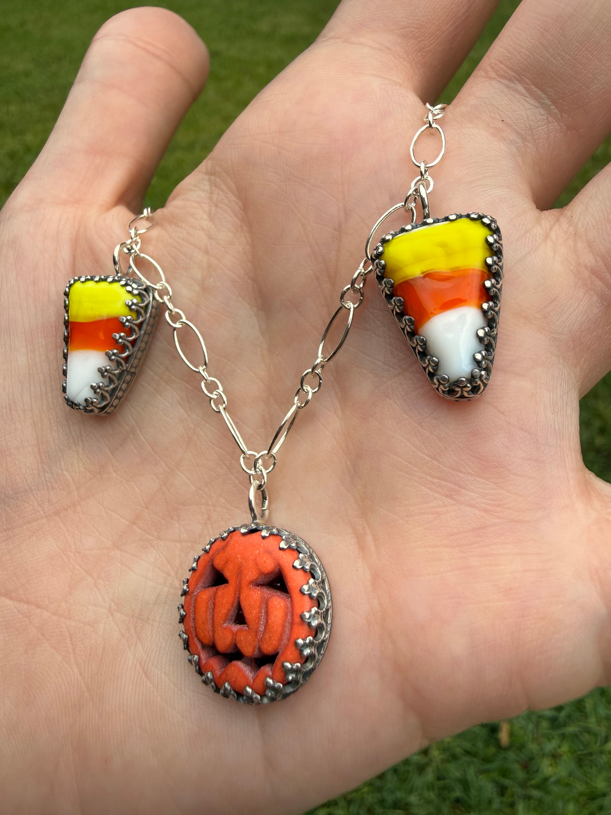 Halloween Pumpkin and Candy Corn Sterling Silver Charm Necklace