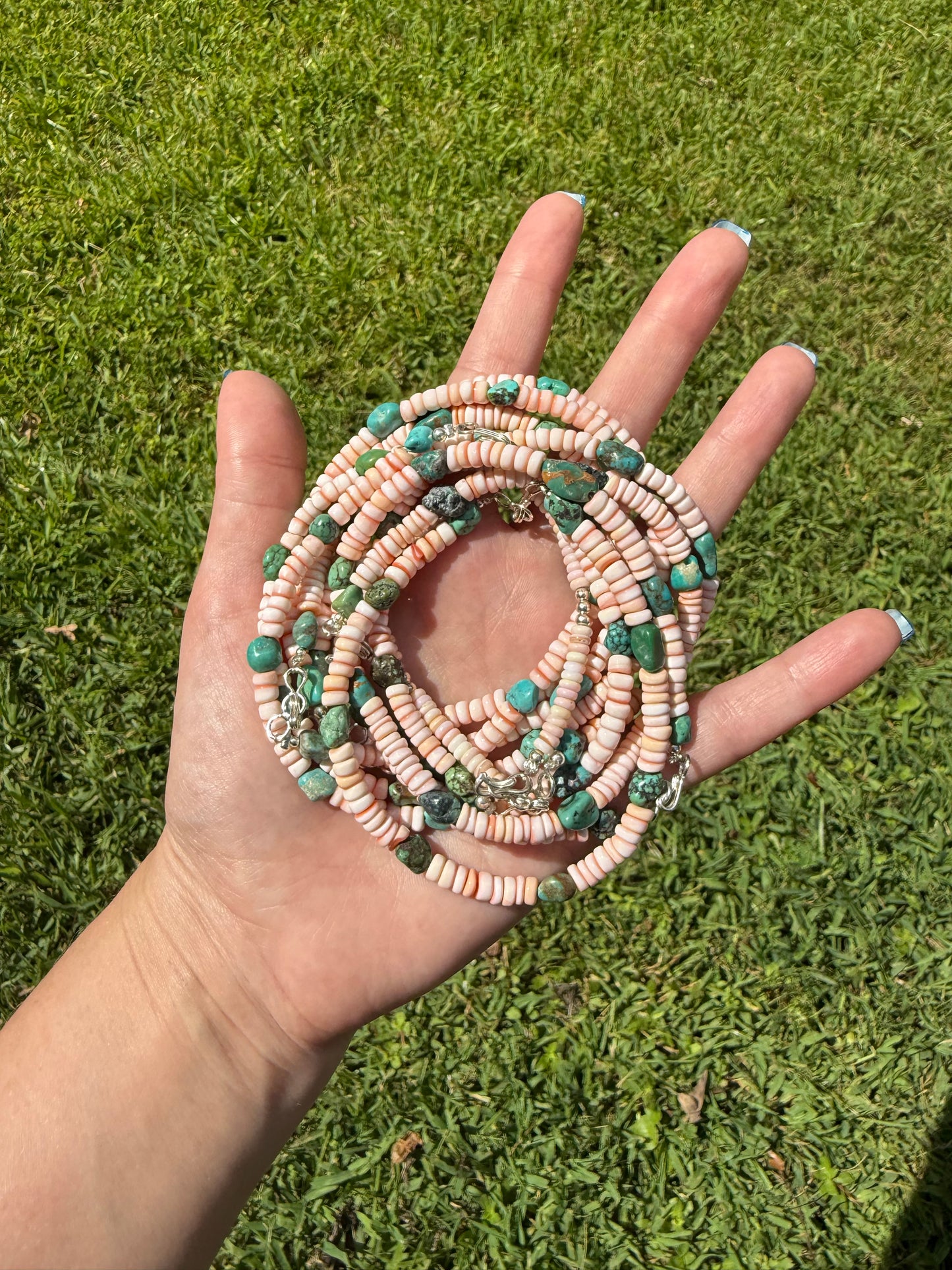 Pink Conch and Turquoise Sterling Silver Anklet