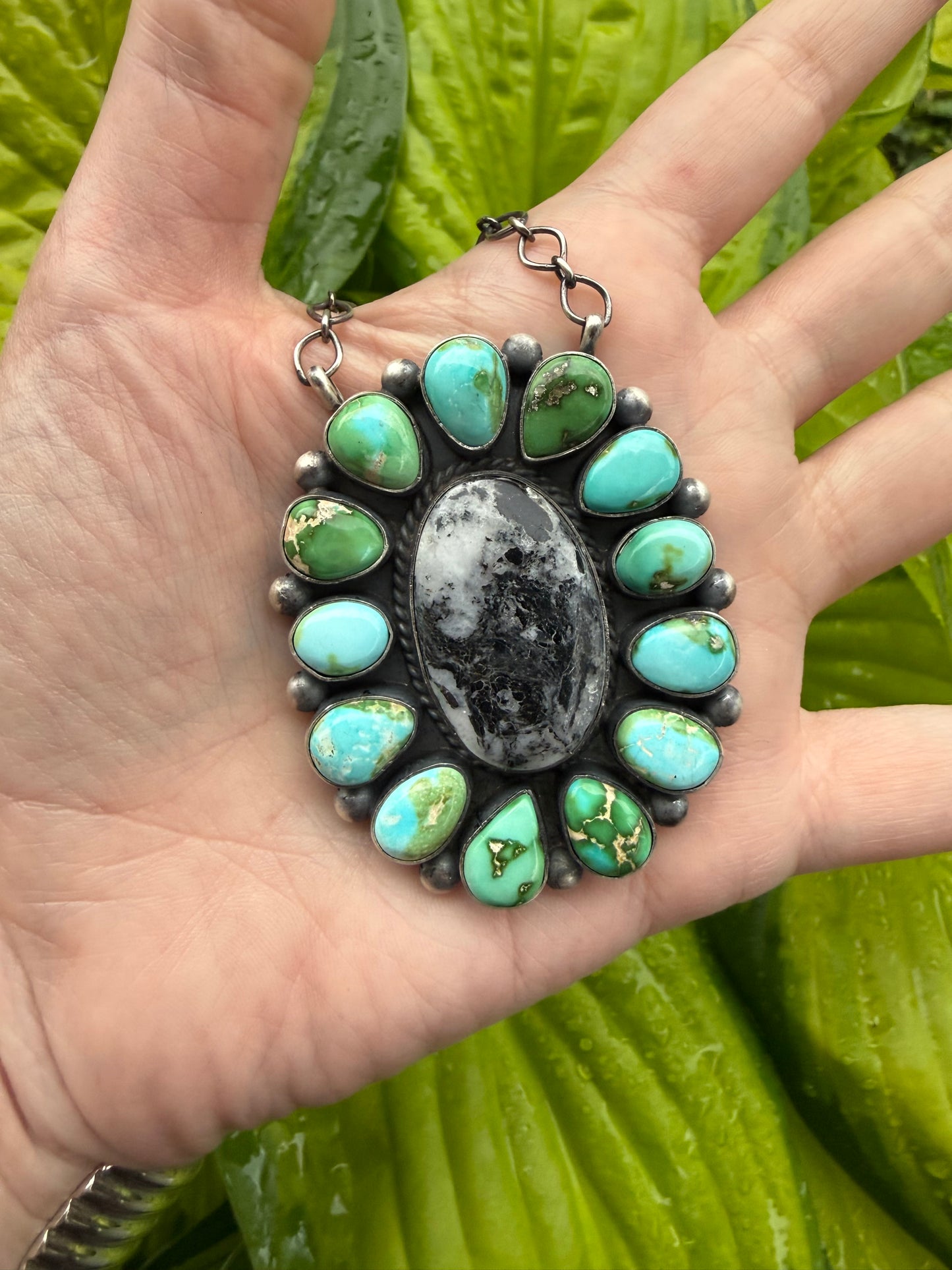 Navajo Sonoran Gold Turquoise and White Buffalo Full Flower Cluster Sterling Silver Necklace