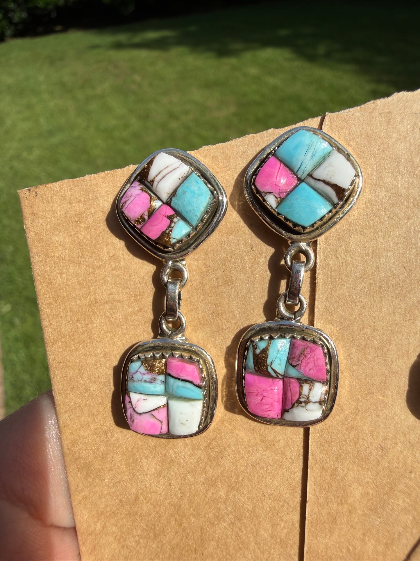 Cotton Candy Turquoise Cobblestone Sterling Silver Double Drop Earrings