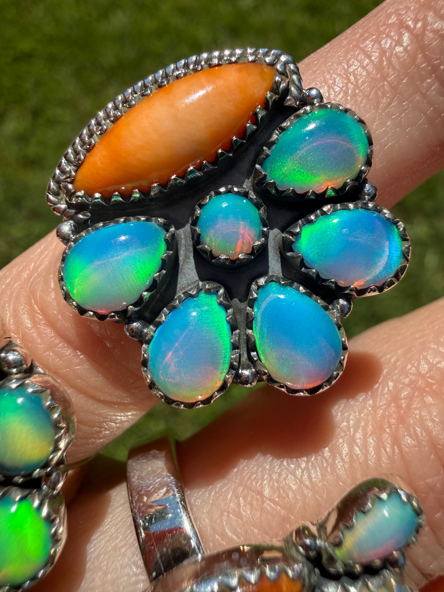 Orange Spiny And Balloon Opal Sterling Silver Rings