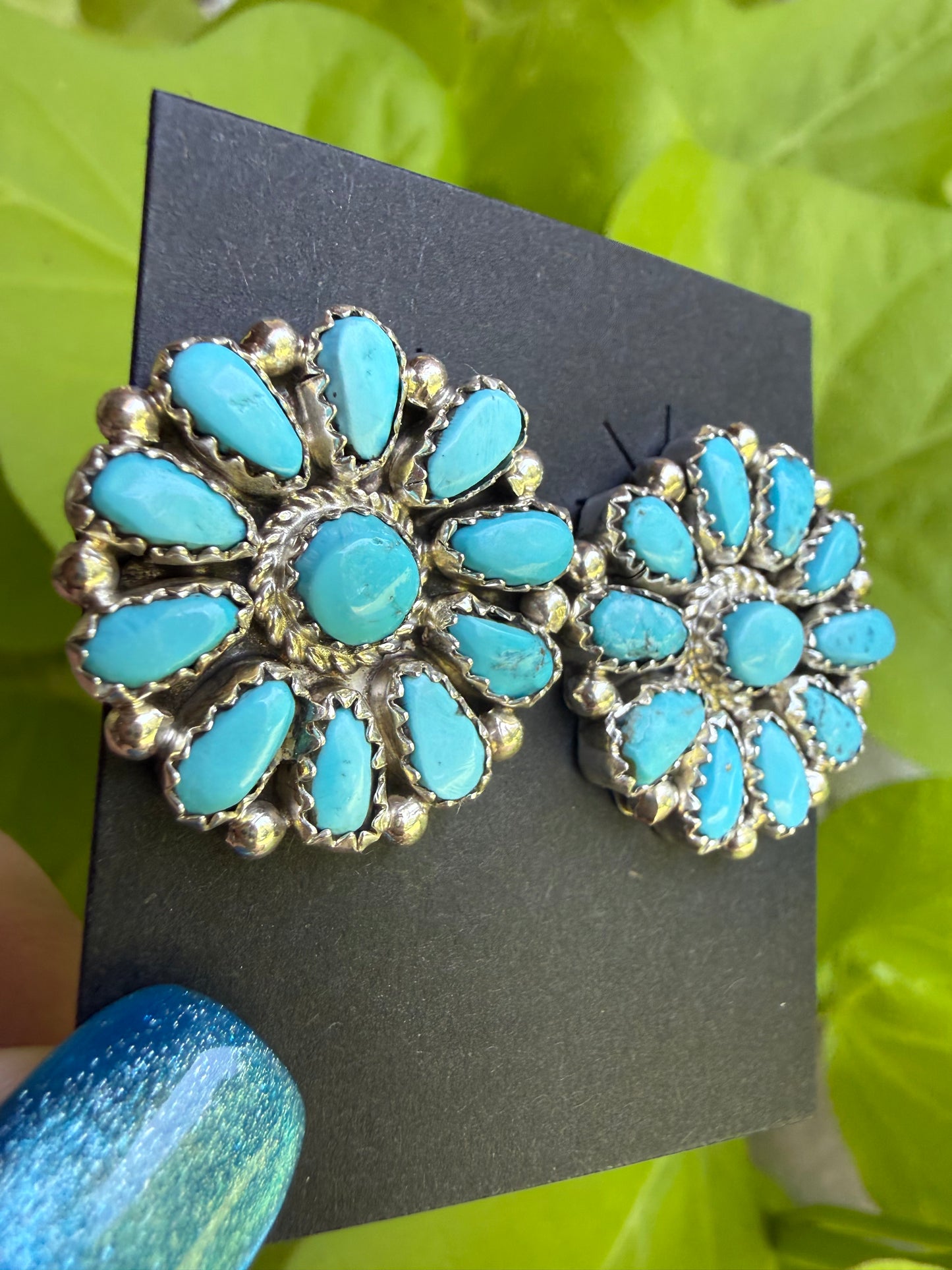 Navajo Turquoise Full Flower Cluster Sterling Silver Earrings