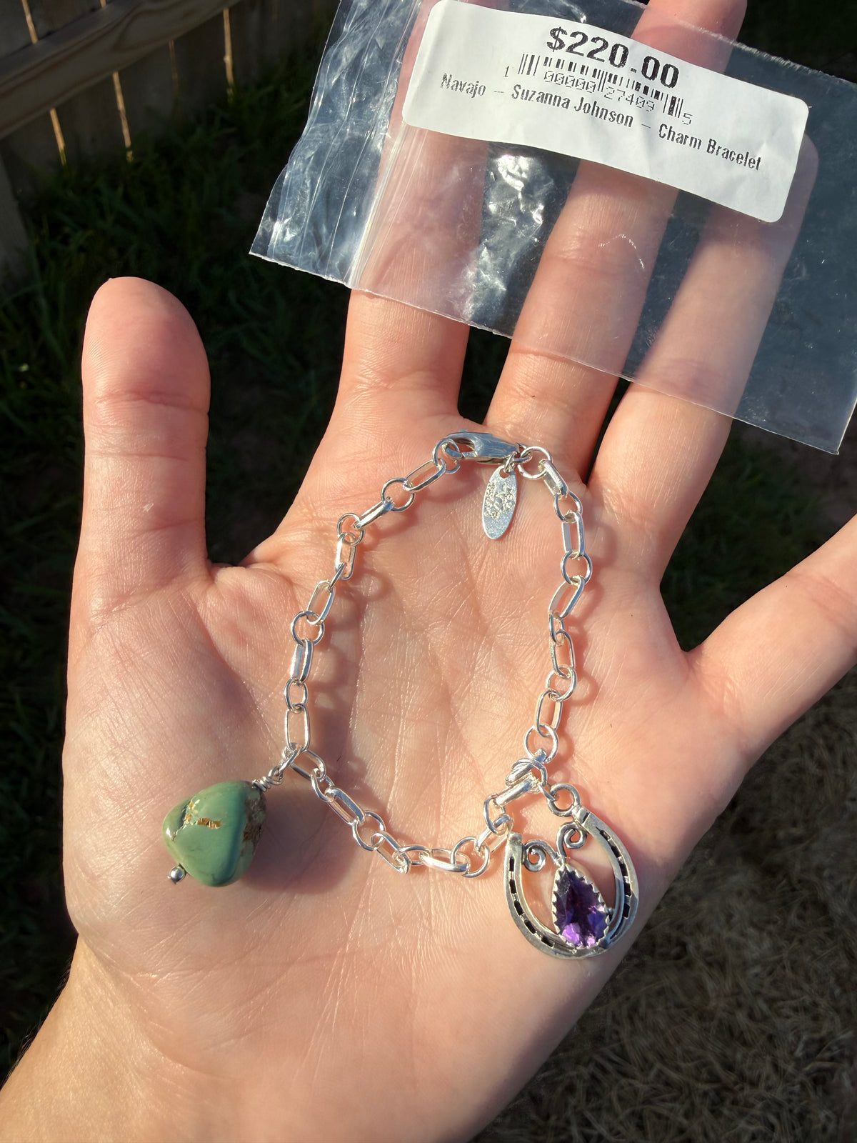 Navajo Amethyst and Turquoise Horseshoe Charm Sterling Silver Bracelet