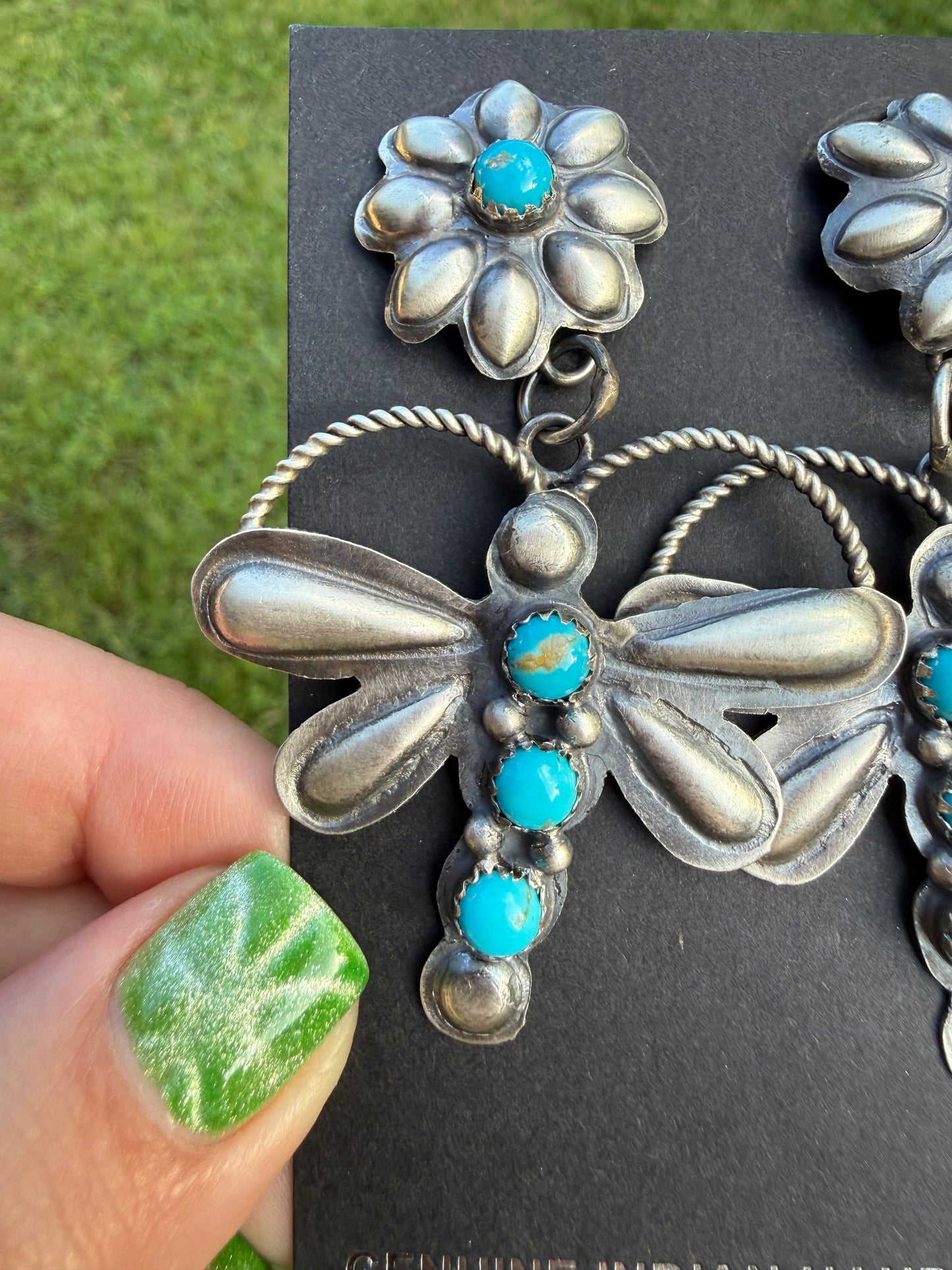 Navajo Turquoise Dragonfly Sterling Silver Earrings By Gabrielle Yazzie
