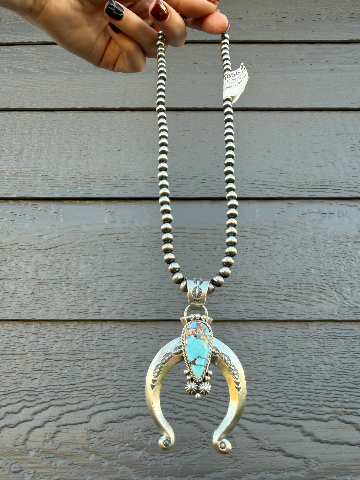 Navajo Golden Hills Turquoise Naja Sterling Silver with Desert Pearl Necklace