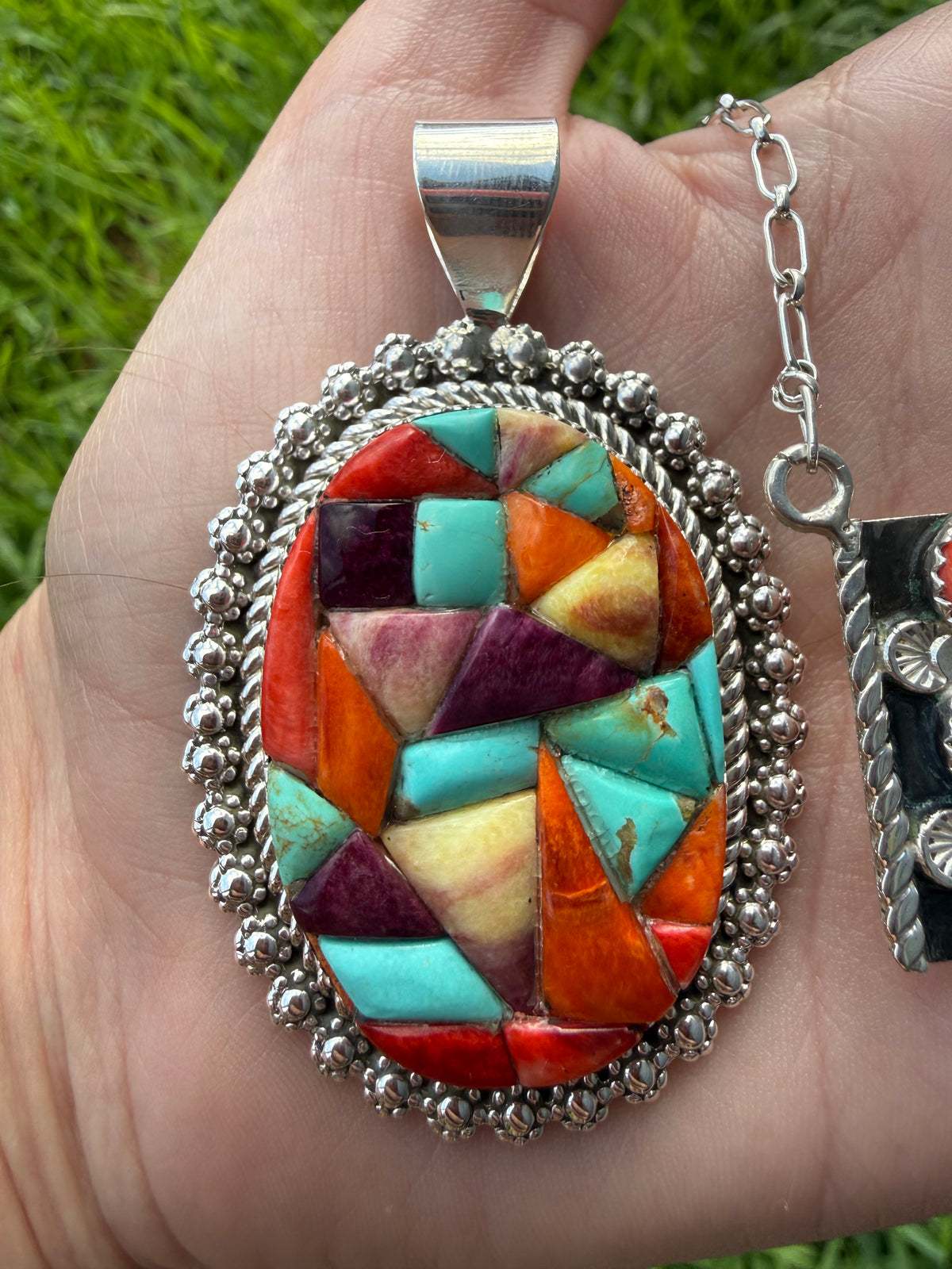 Navajo Multi Stone Spiny and Turquoise Sterling Silver Cobblestone Pendant