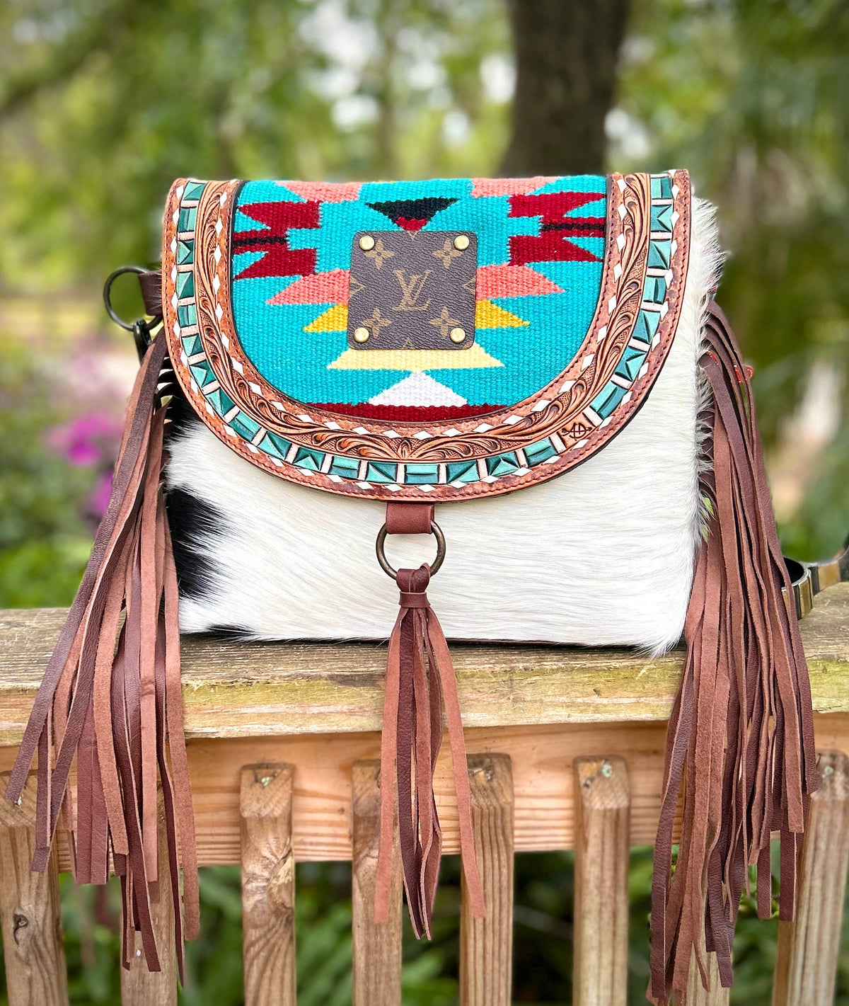 Upcycled LV Cowhide Leather Fringe Crossbody Bag Western