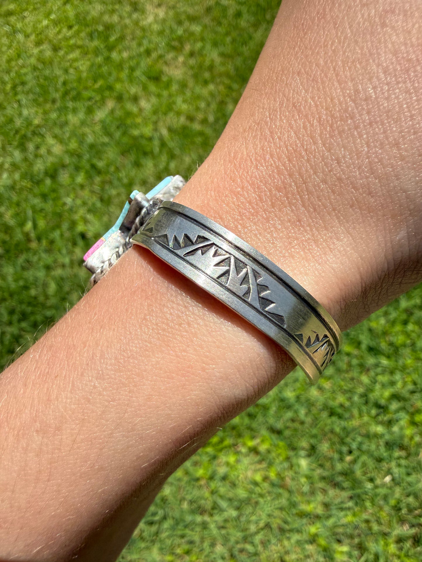 Navajo Cotton Candy Turquoise Star Sterling Silver Stamped Cuff Bracelet