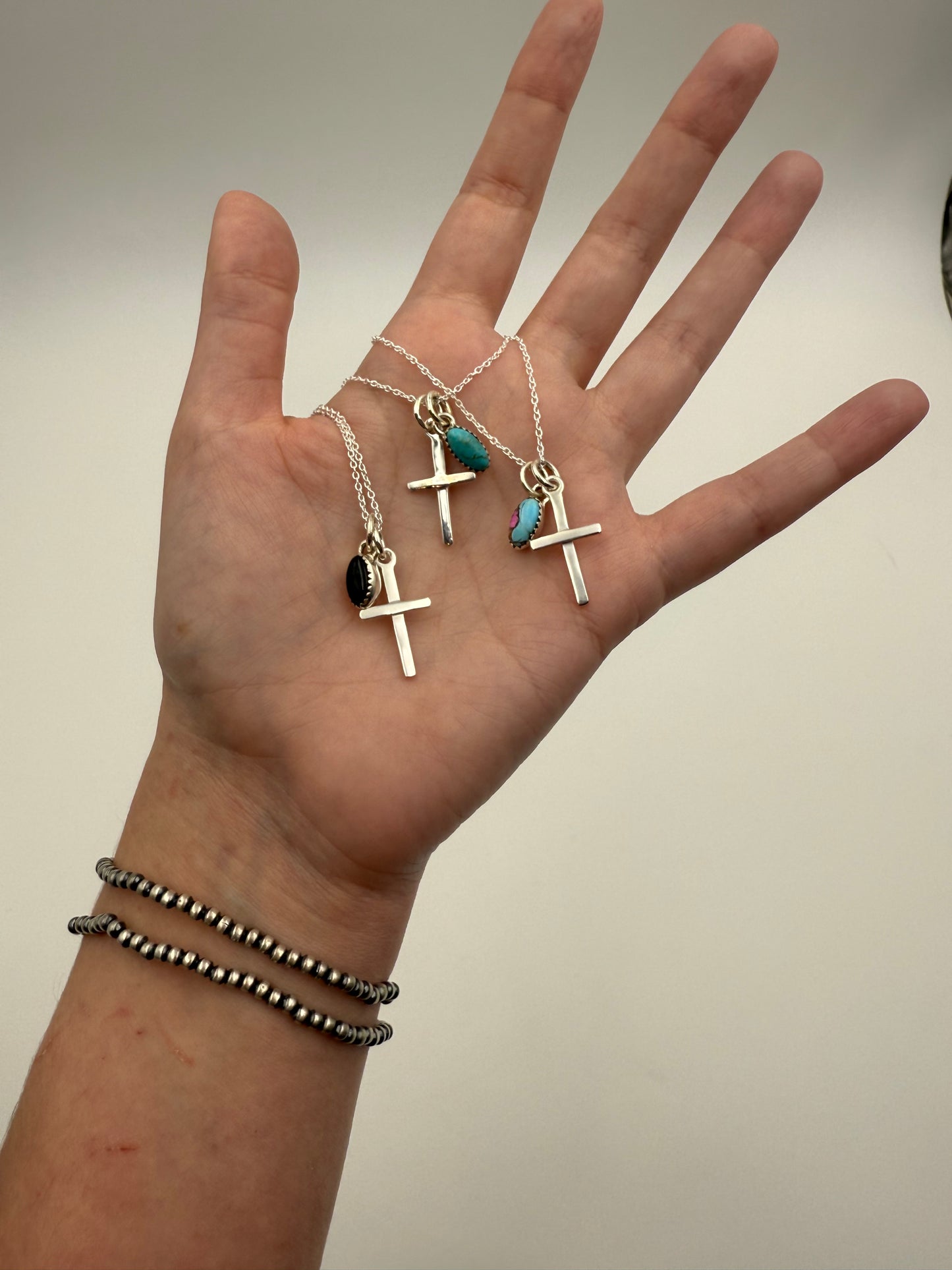 Sterling Silver Cross And Gemstone Charm Necklaces