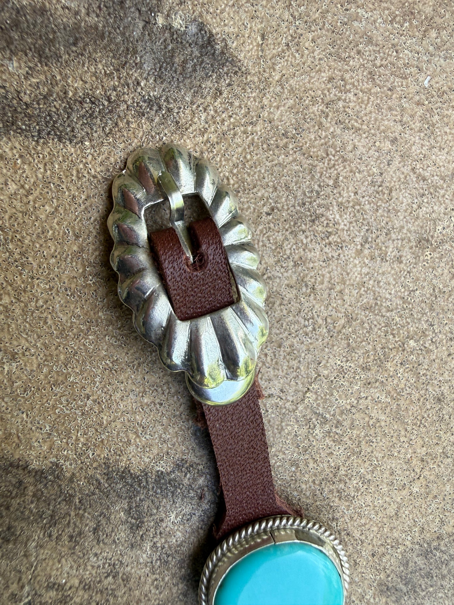 Navajo Turquoise and Pink Conch 7 Stone Sterling Silver And Leather Bracelet