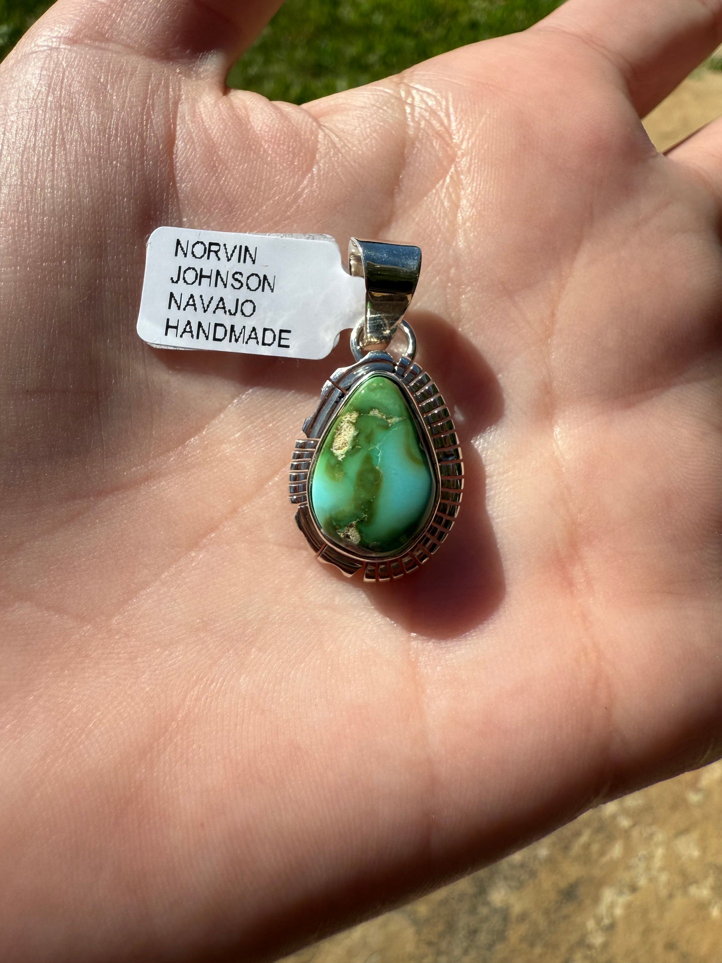 Navajo Sonoran Gold Turquoise Sterling Silver Pendant by Norvin Johnson
