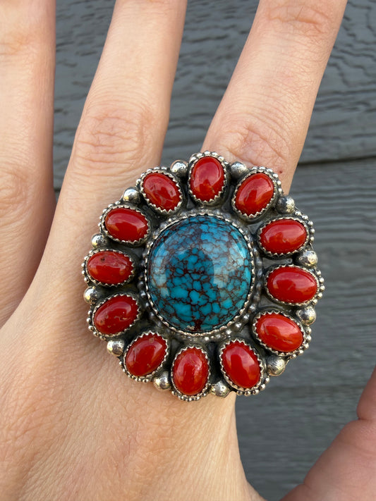 Navajo Webbed Kingman Turquoise and Coral Full Flower Adjustable Sterling Silver Ring