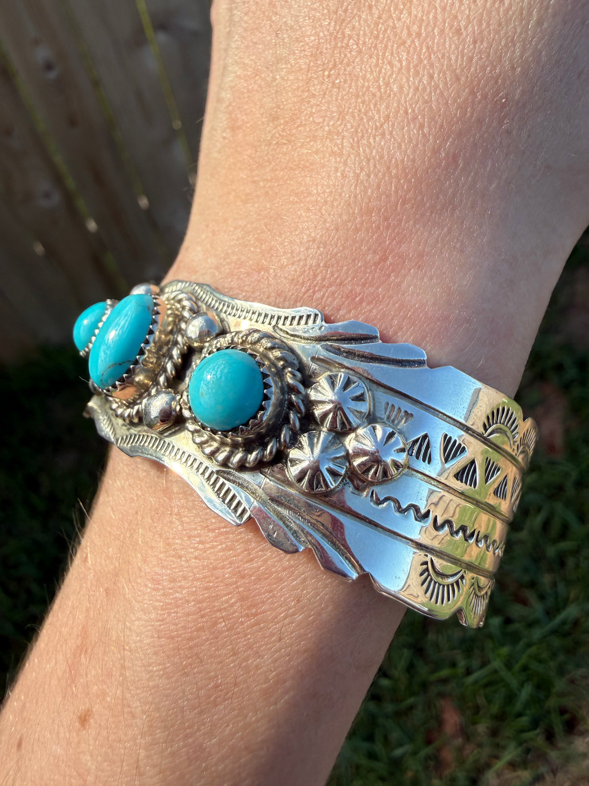 Navajo 3 Stone Thick Sterling Silver Detailed Accent Stamped Sterling Silver Cuff by Jason Bahe