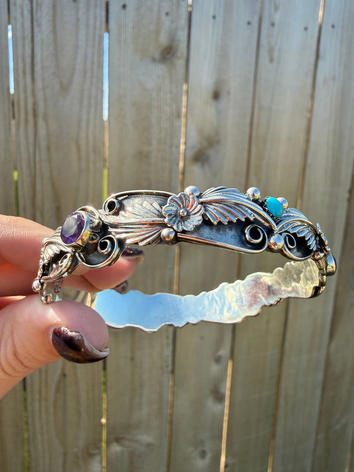 Navajo Amethyst and Turquoise Flower and Detailed Accent Sterling Silver Bangle Cuff Bracelet