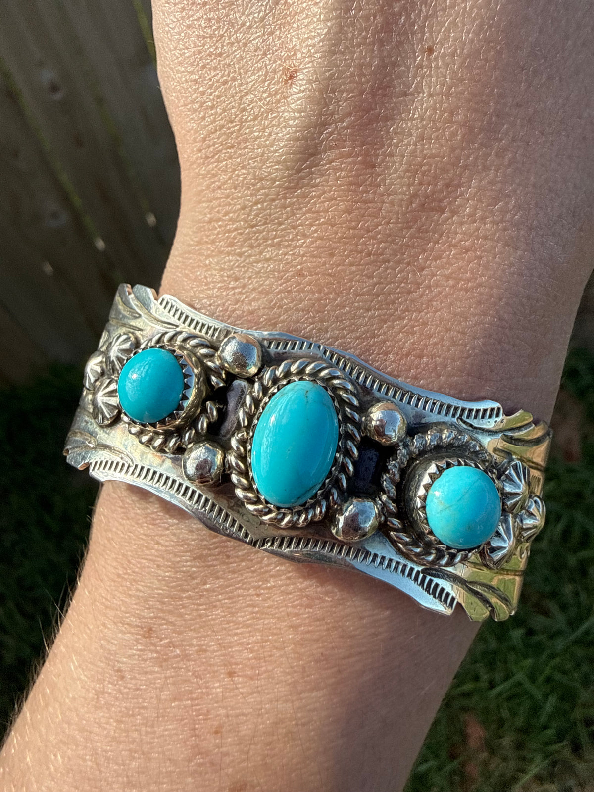 Navajo 3 Stone Thick Sterling Silver Detailed Accent Stamped Sterling Silver Cuff by Jason Bahe