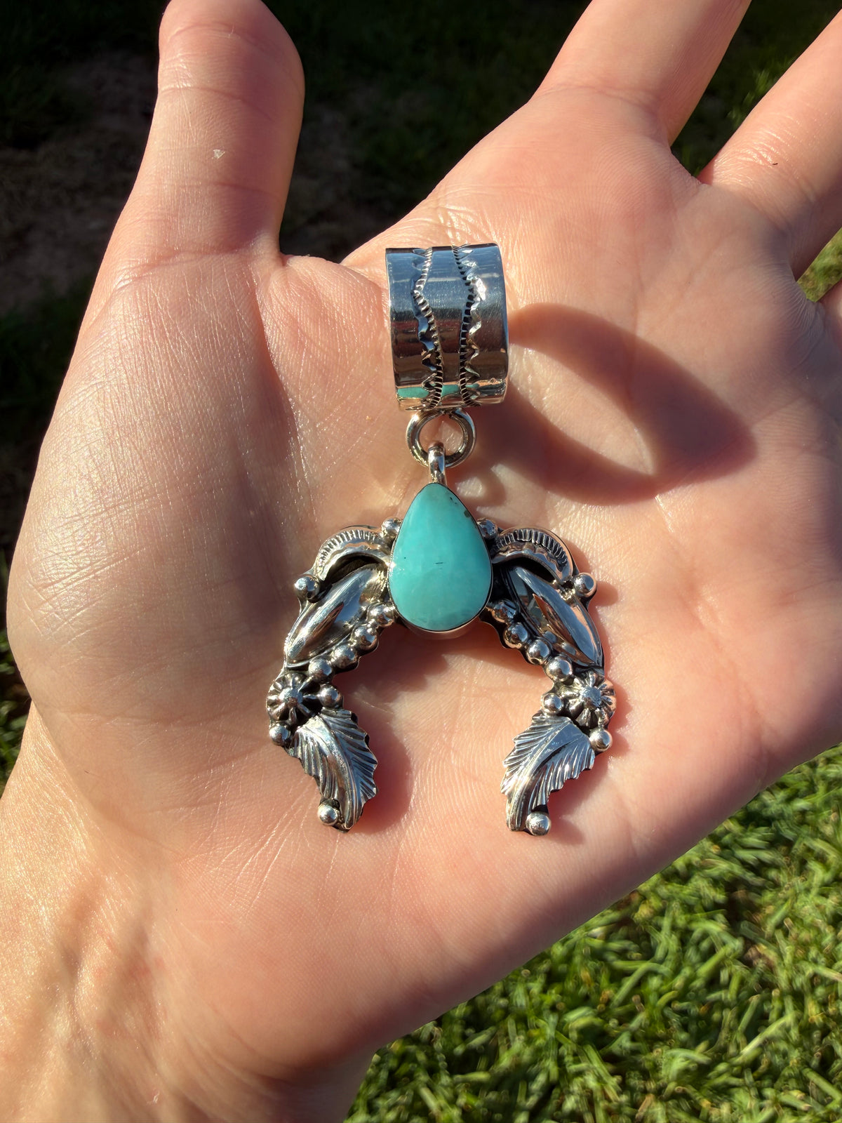 Navajo Turquoise Detailed Accent Naja Sterling Silver Handmade Pendant
