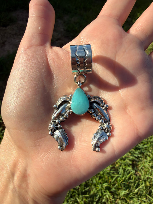 Navajo Turquoise Detailed Accent Naja Sterling Silver Handmade Pendant