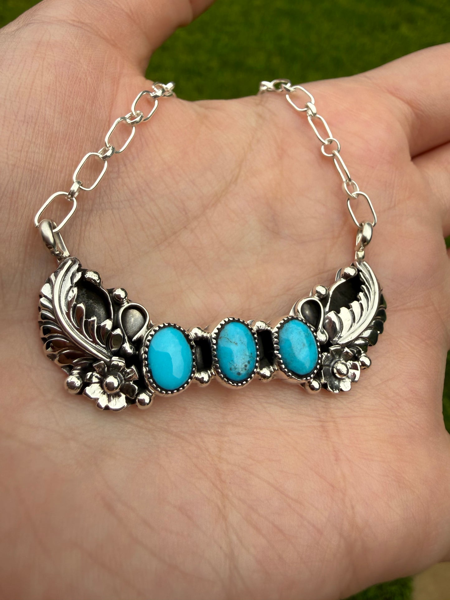 Navajo Triple Stone With Leaf Accent Sterling Silver Bar Necklace