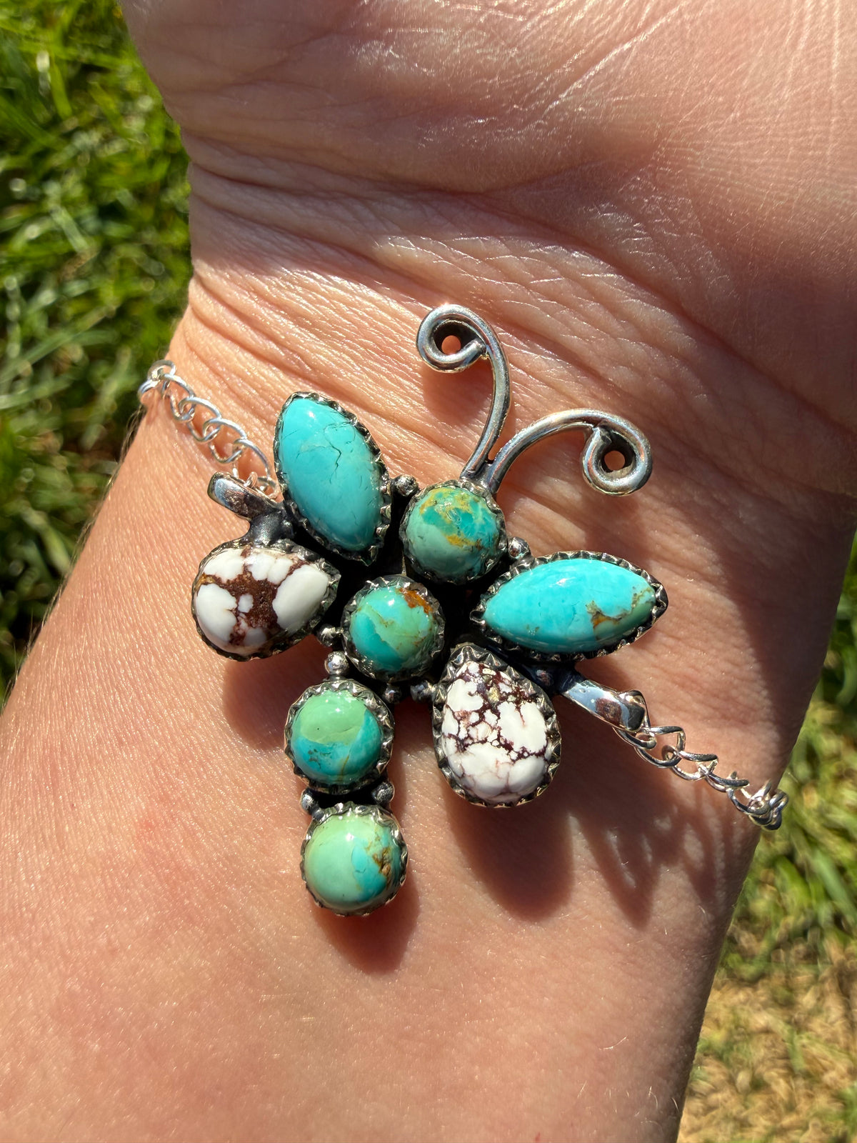 Kingman Turquoise and Wild Horse Cluster Sterling Silver Necklace or Bracelet