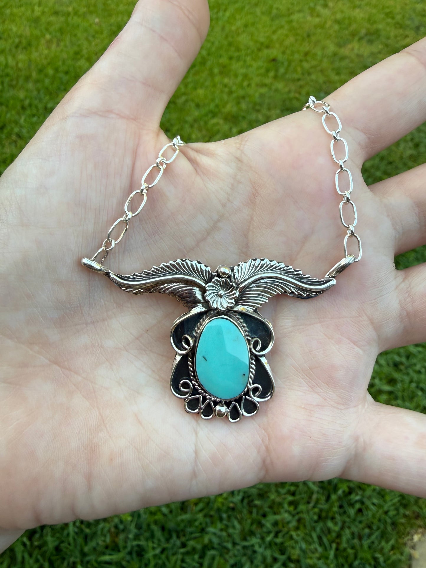 Navajo Turquoise Flower and Leaf Accent Sterling Silver Bar Necklace