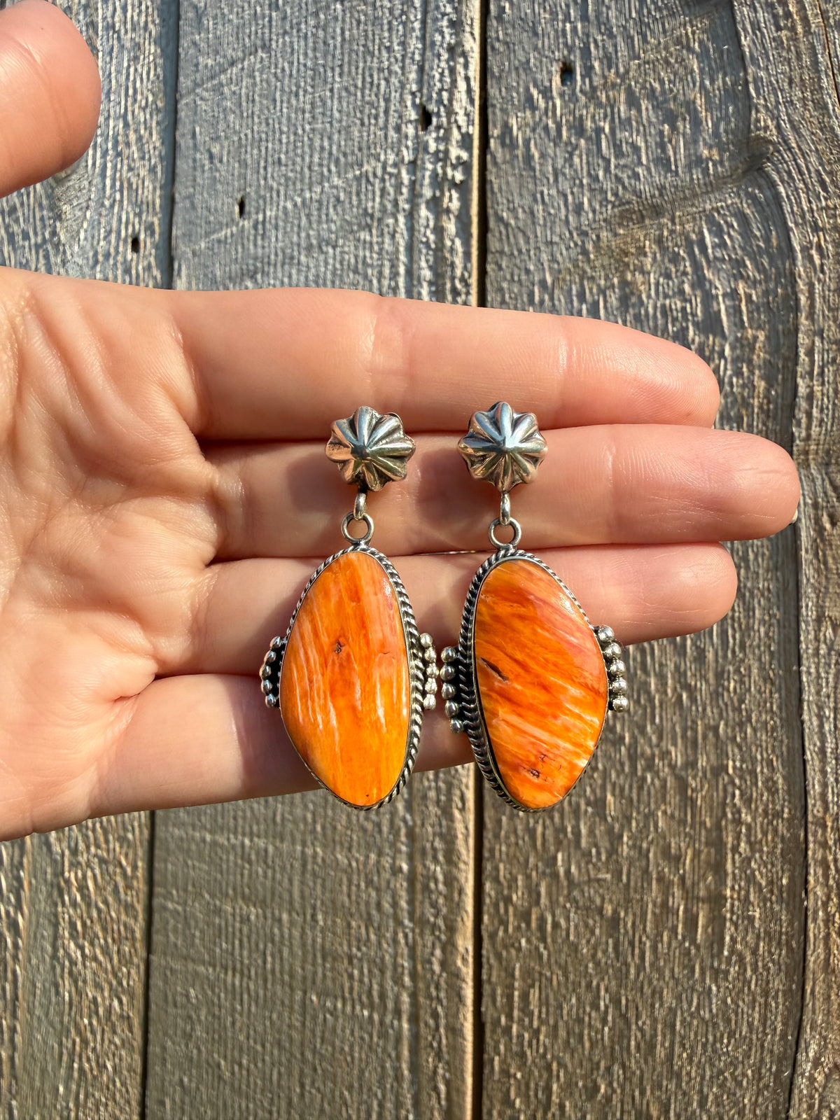 Navajo Orange Spiny Peyote Button Sterling Silver Big Drop Earrings