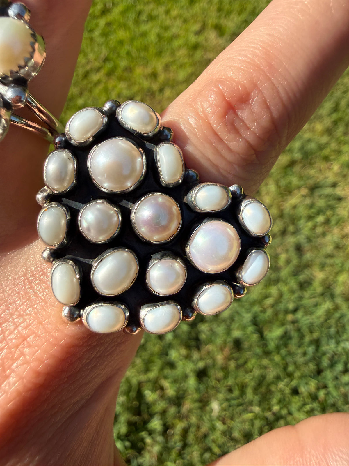 Navajo Mother of Pearl Heart or Round Cluster Sterling Silver Ring