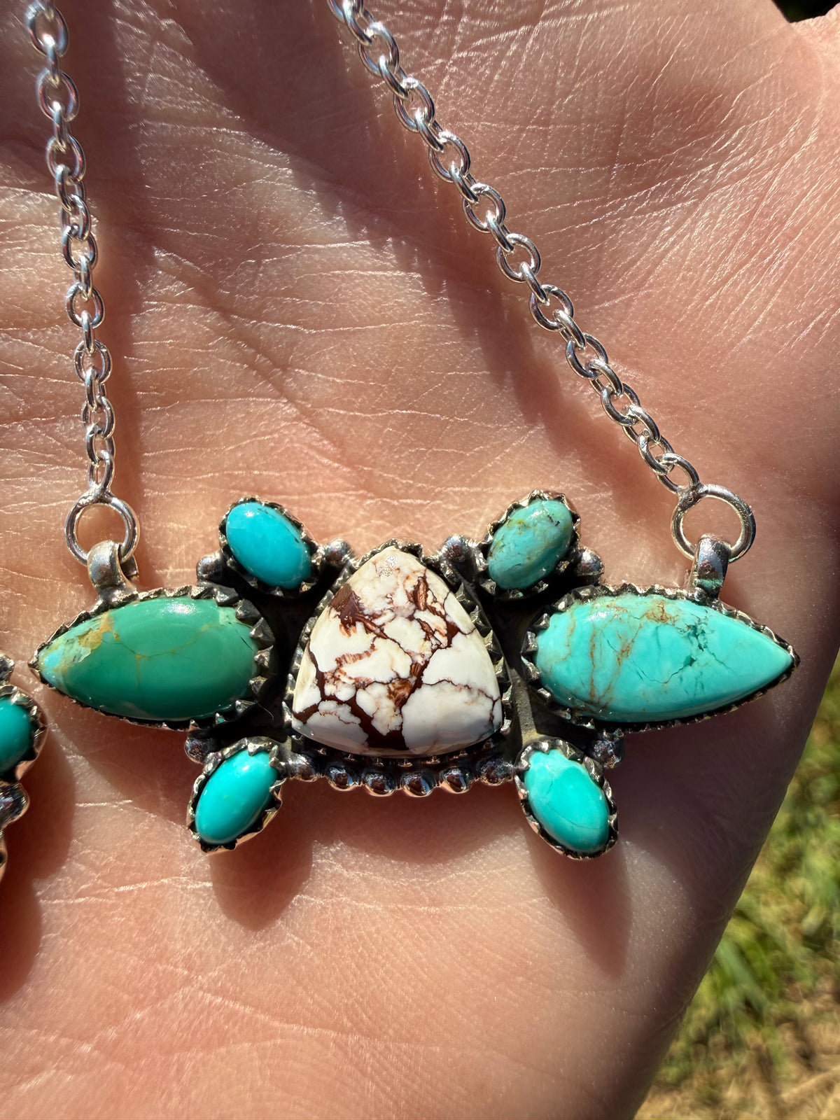 Kingman Turquoise and Wild Horse Cluster Sterling Silver Necklace or Bracelet