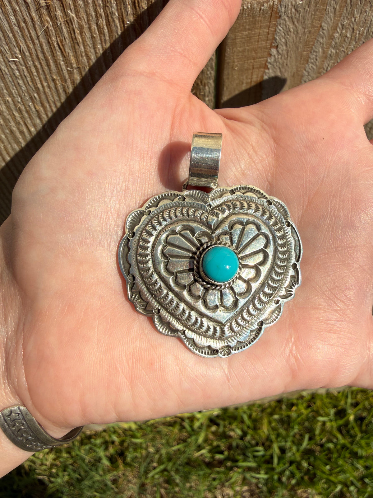 Navajo Turquoise Heart Sterling Silver Stamped Pendant