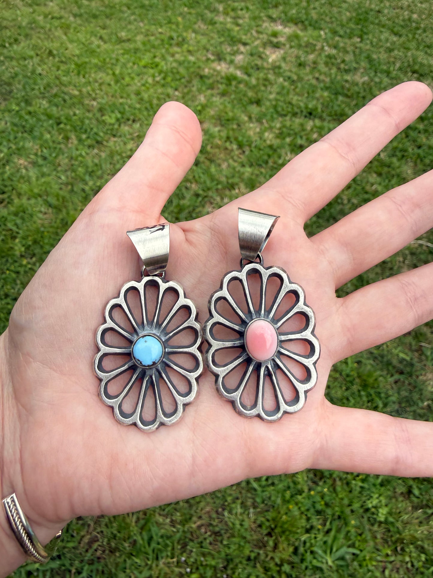 Navajo Chimney Butte Sterling Silver Flower with Stone Accent Pendant