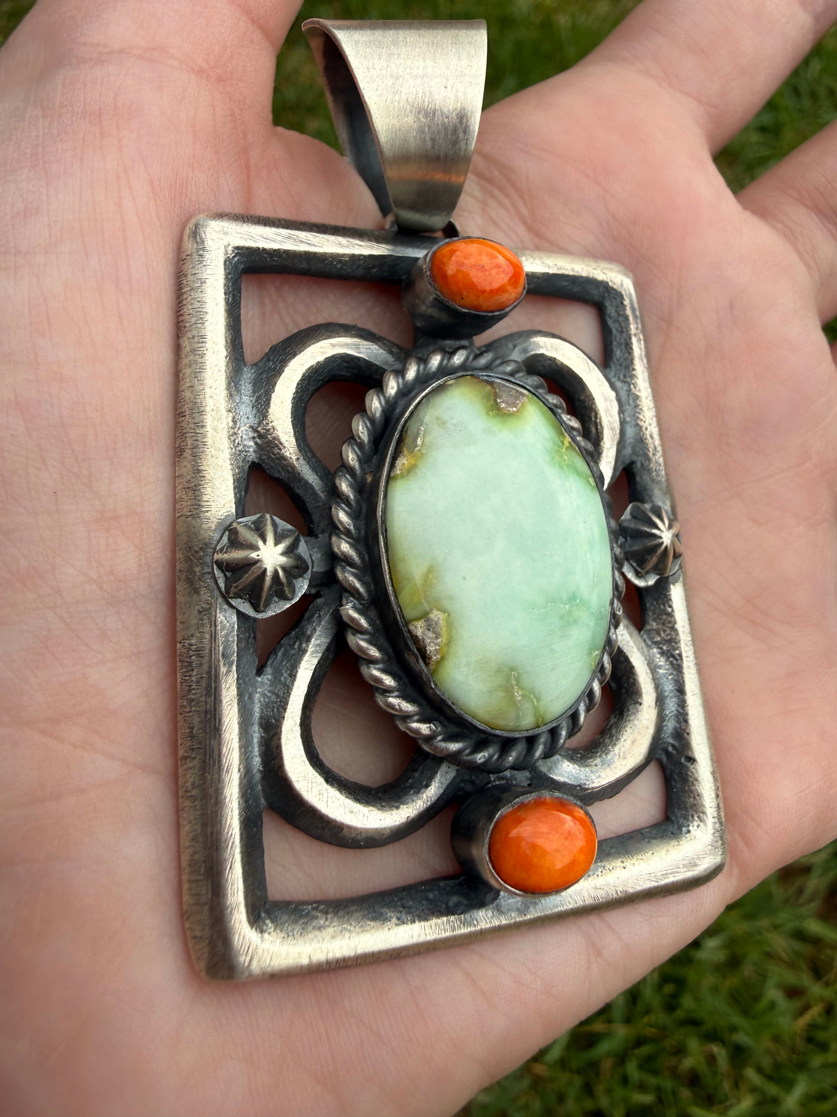 Navajo Palomino and Orange Spiny Statement Square Sterling Silver Pendant