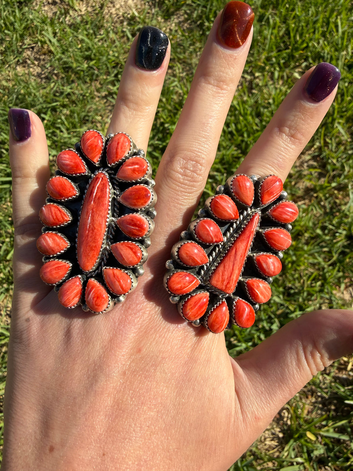 Navajo Red Spiny Big Statement Full Flower Cluster Sterling Silver Adjustable Ring