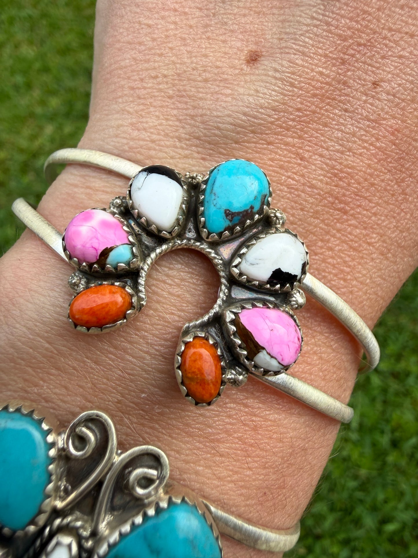 Cotton Candy, Kingman Turquoise, and Orange Mojave Sterling Silver Cuff Bracelet