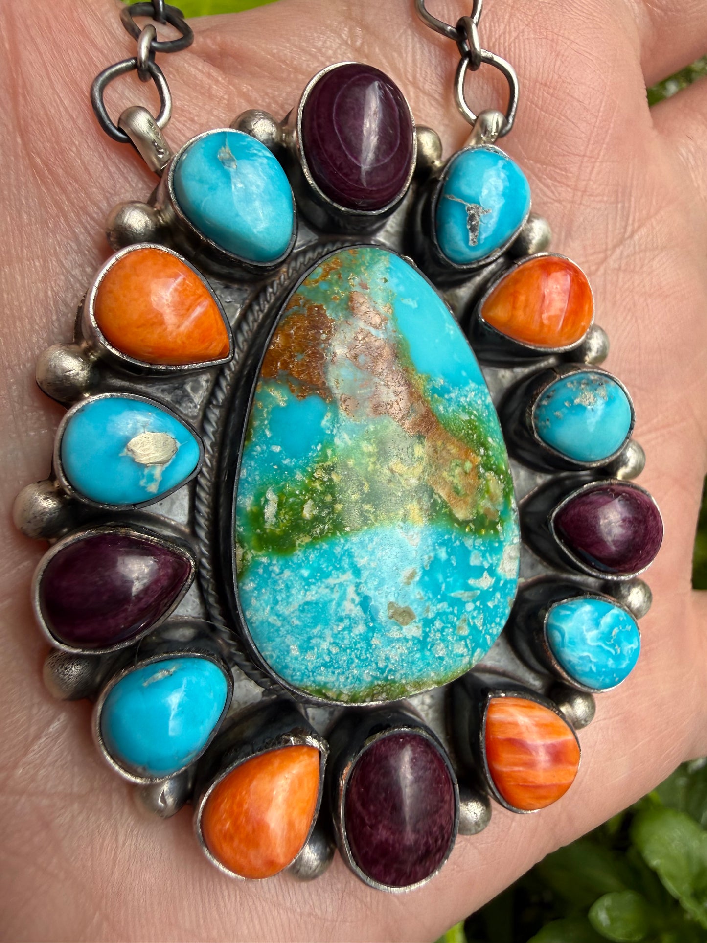 Native Multi Stone Full Flower Cluster Sterling Silver Necklace