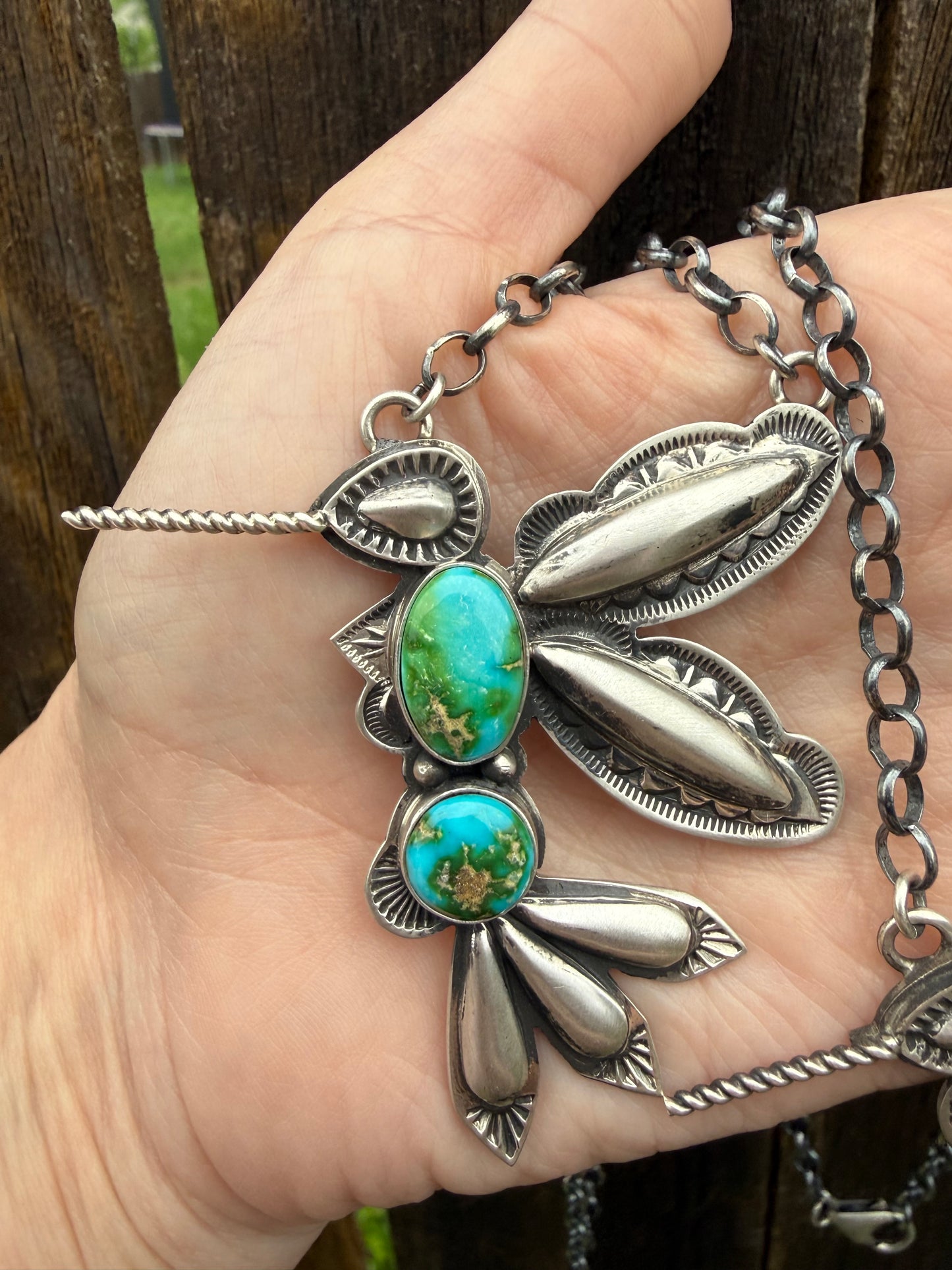Navajo Turquoise Hummingbird Sterling Silver Necklace By Charles Johnson